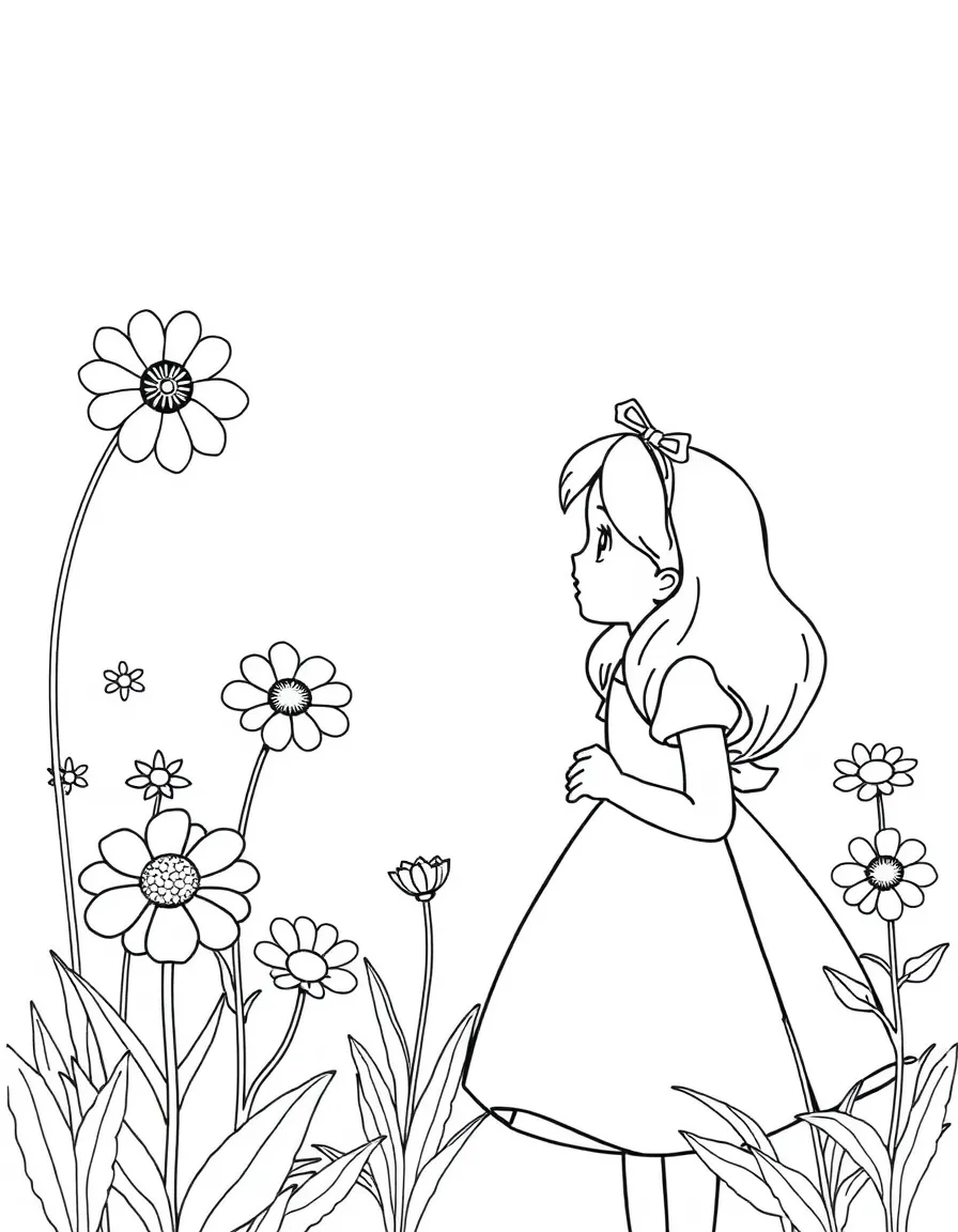Alice talking to the talking flowers, looking surprised.