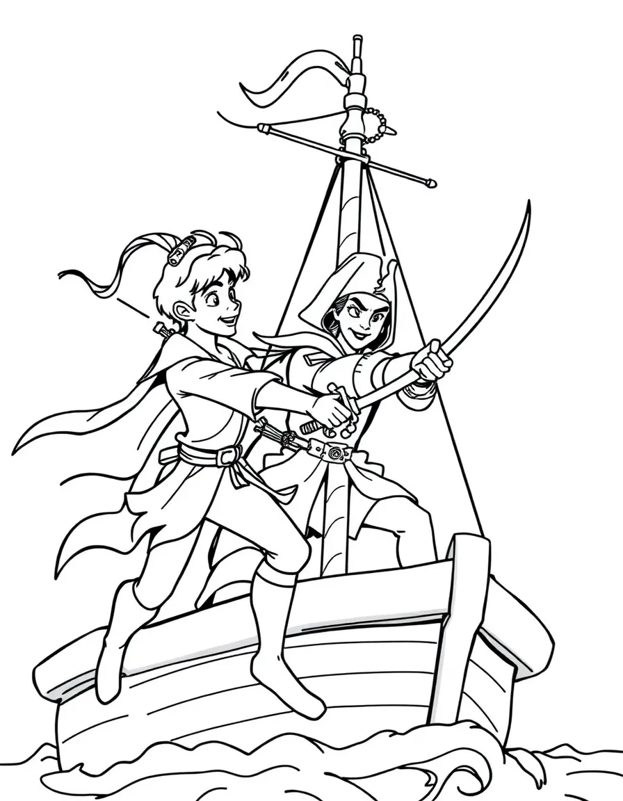 Peter Pan and Captain Hook sword fighting on the Jolly Roger.