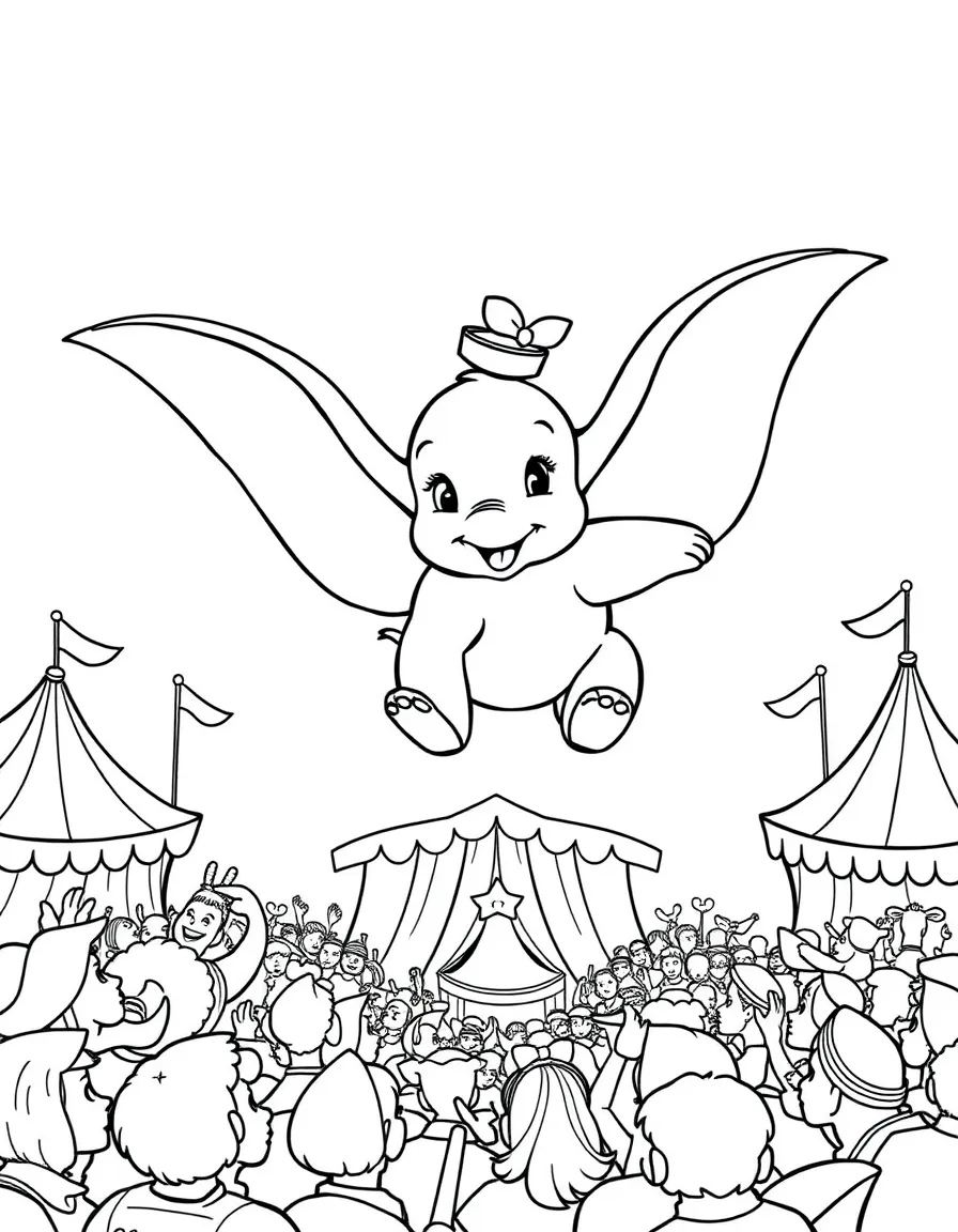 Dumbo flying above the circus crowd, looking triumphant.