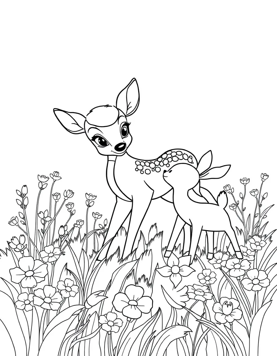 Bambi and his friends playing in a field of flowers.