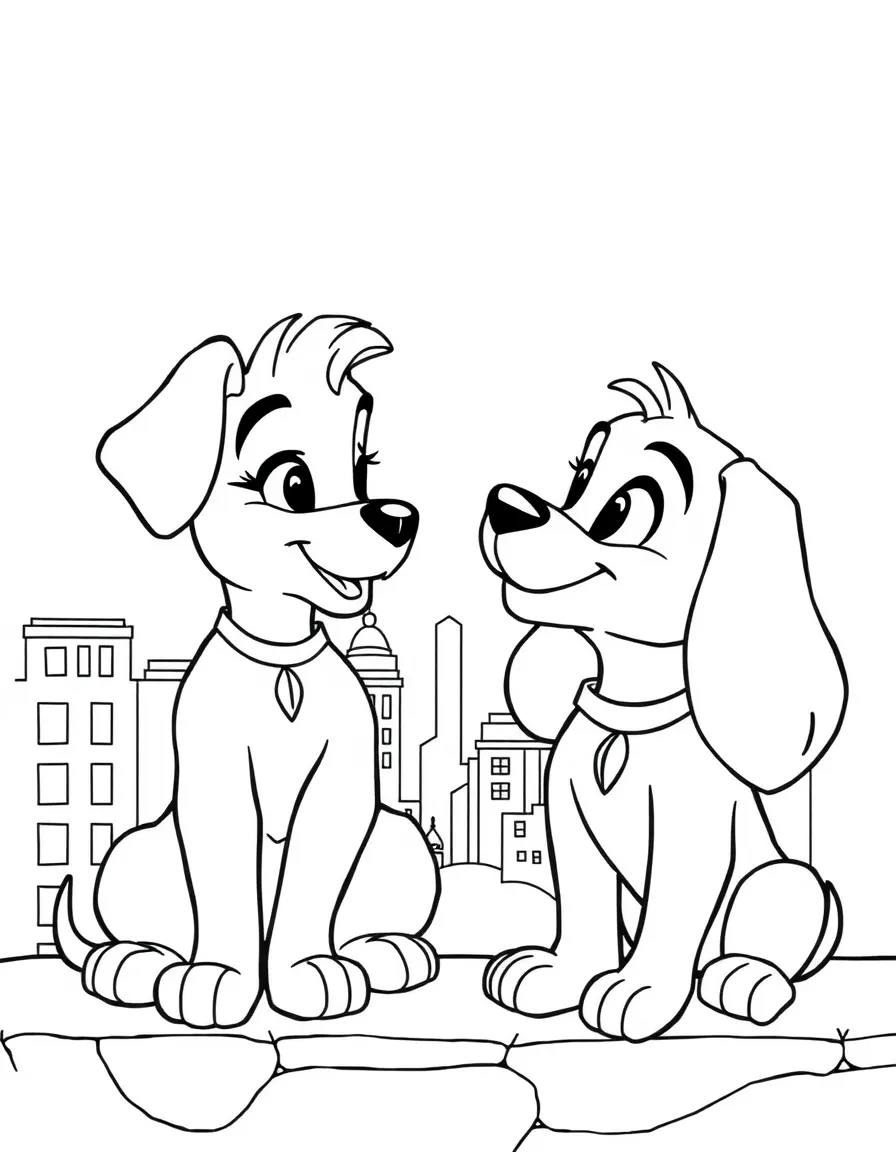 Lady and Tramp looking at each other lovingly, with the cityscape.
