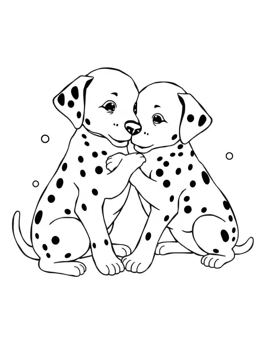 The Dalmatian puppies playing with each other, with spots everywhere.