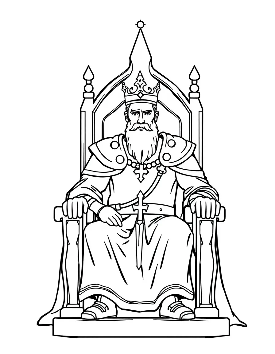 Arthur sitting on the throne, with a crown on his head.