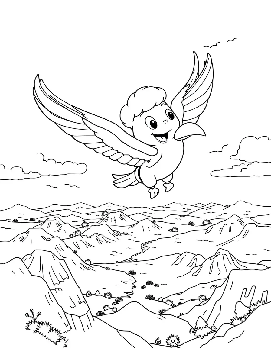 Cody flying with Marahute, with a vast landscape below.