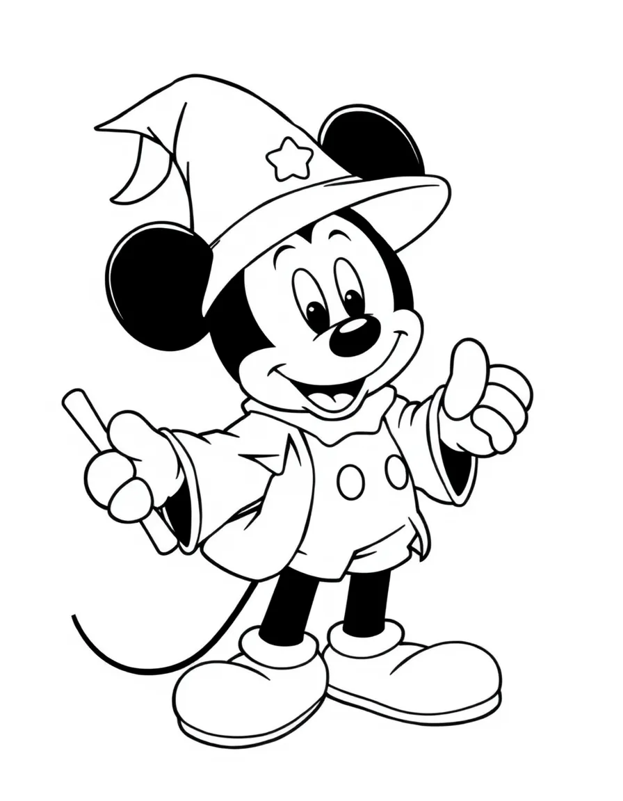 Mickey Mouse dressed as a wizard, with a magic wand.