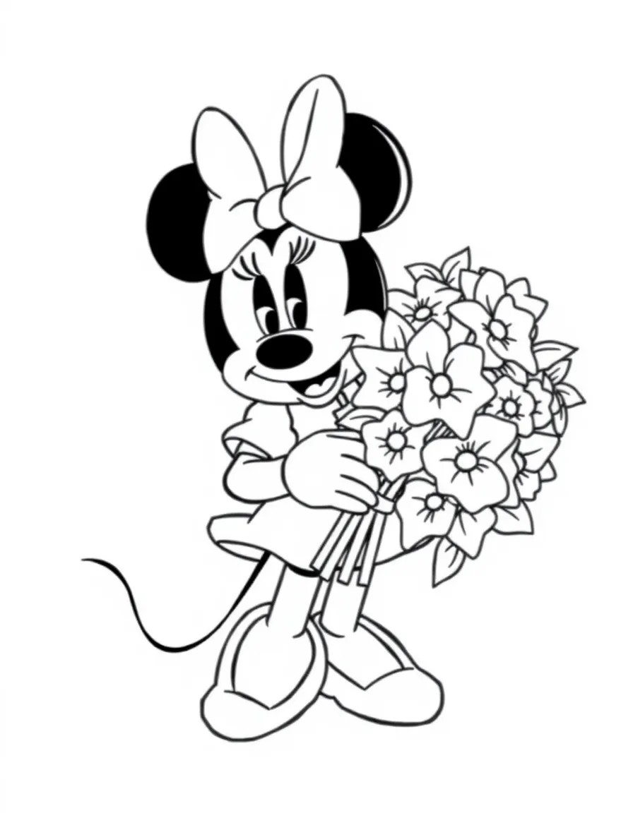 Minnie Mouse holding a large bouquet of flowers.