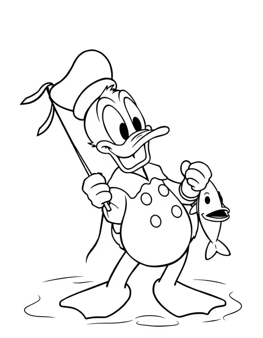 Donald Duck trying to catch a fish, looking frustrated.