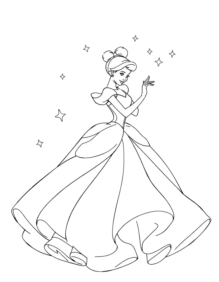 Cinderella twirling in her beautiful ball gown, with stars.