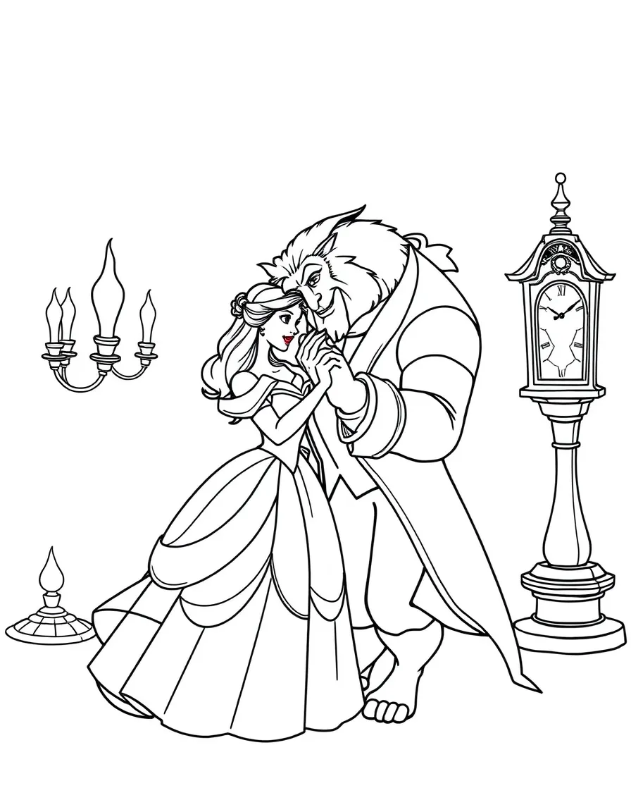 Belle and the Beast dancing gracefully, with Lumiere and Cogsworth.