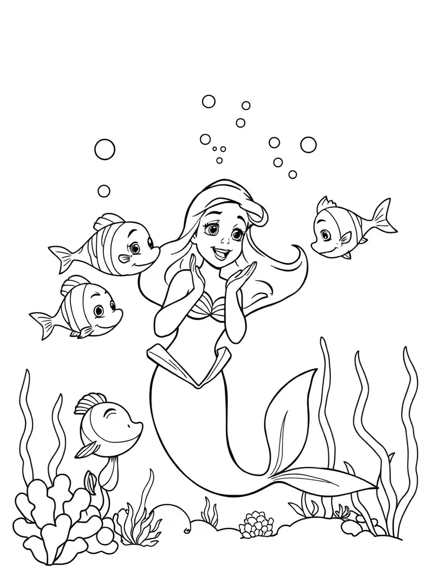 Ariel singing to the fish and sea creatures, with bubbles.
