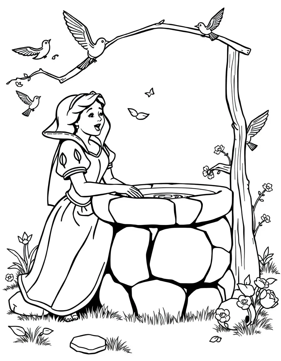 Snow White sitting by a well, singing, with birds flying around.