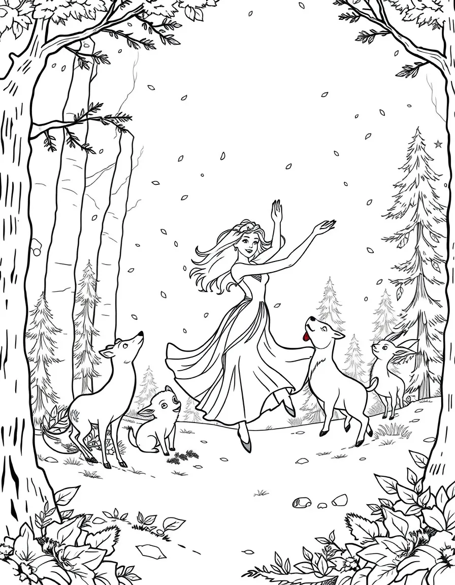 Aurora dancing in the forest with the animals, looking joyful.