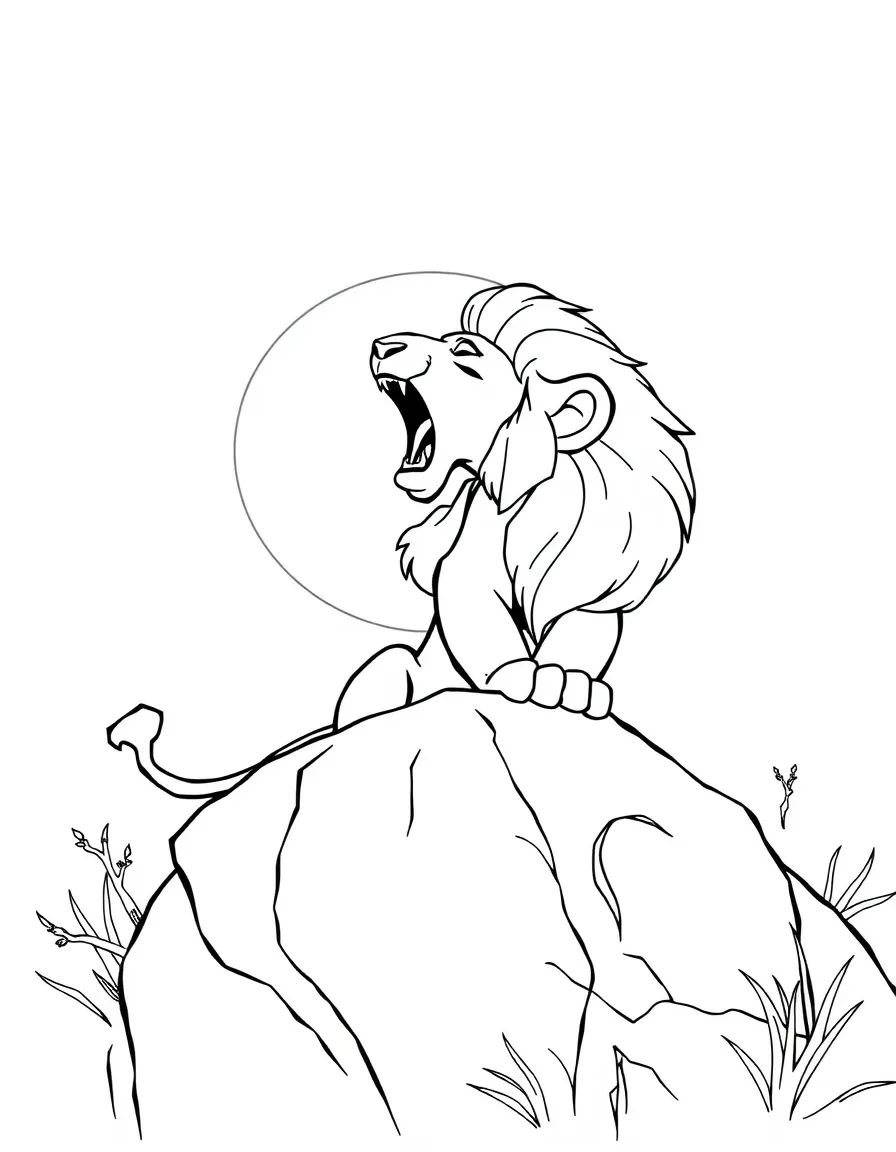 Simba roaring, looking majestic on Pride Rock, with the sun rising.