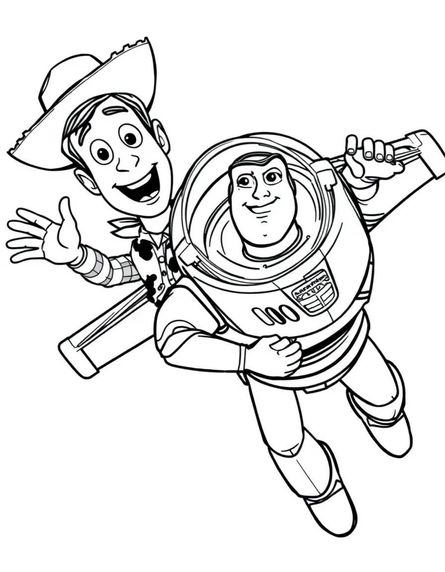 Woody and Buzz flying through the air, with a big smile.