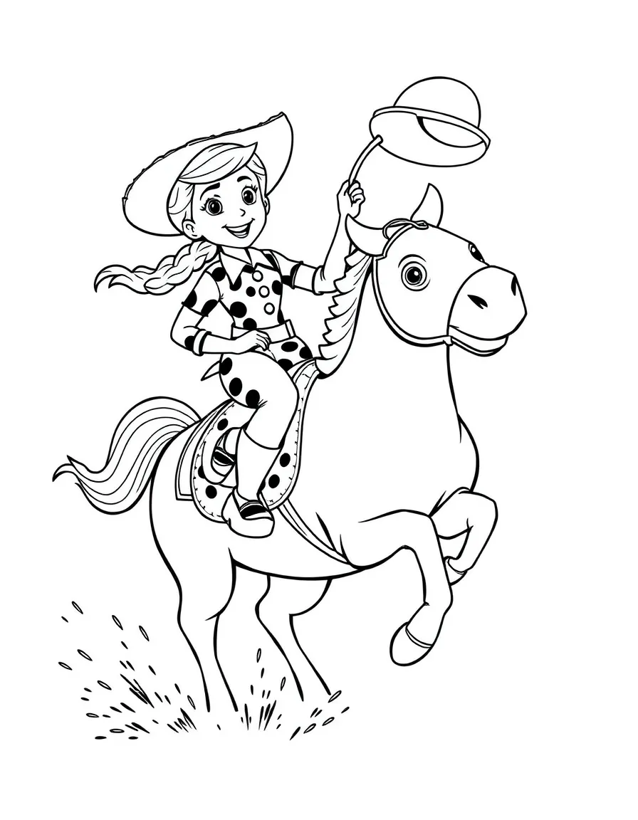 Jessie riding Bullseye, with her hat flying off in the wind.