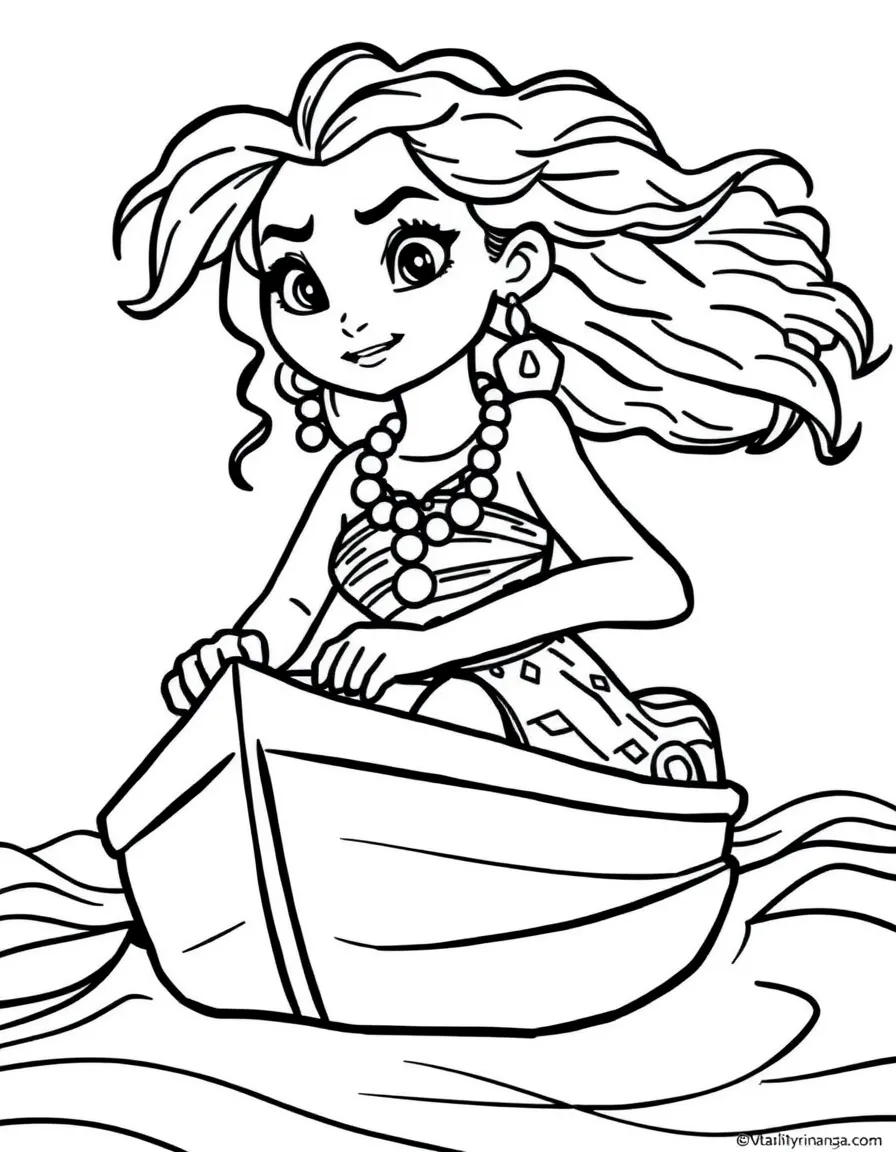Moana sailing her boat, with a determined expression, and the ocean reflecting her.