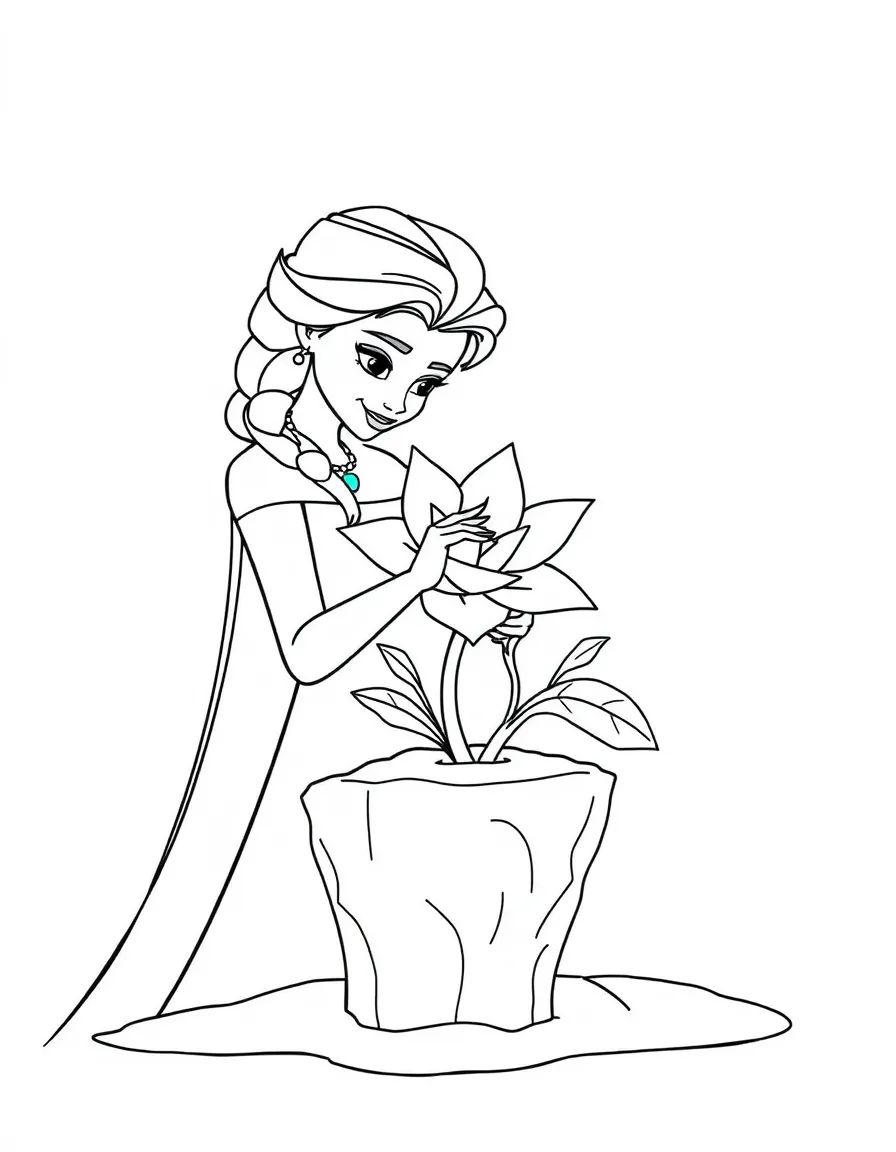 Elsa creating a beautiful ice sculpture of a flower, with magic.