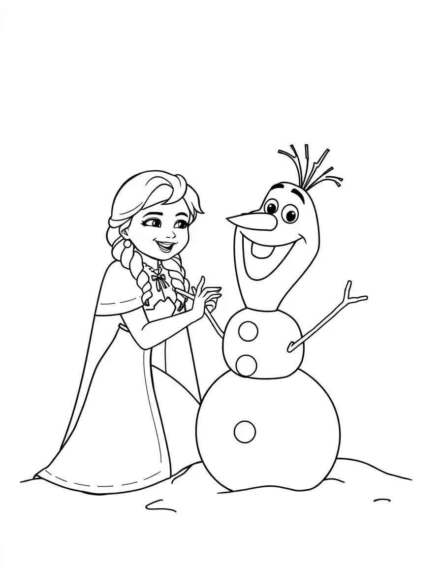 Anna and Olaf building a snowman, laughing and having fun.