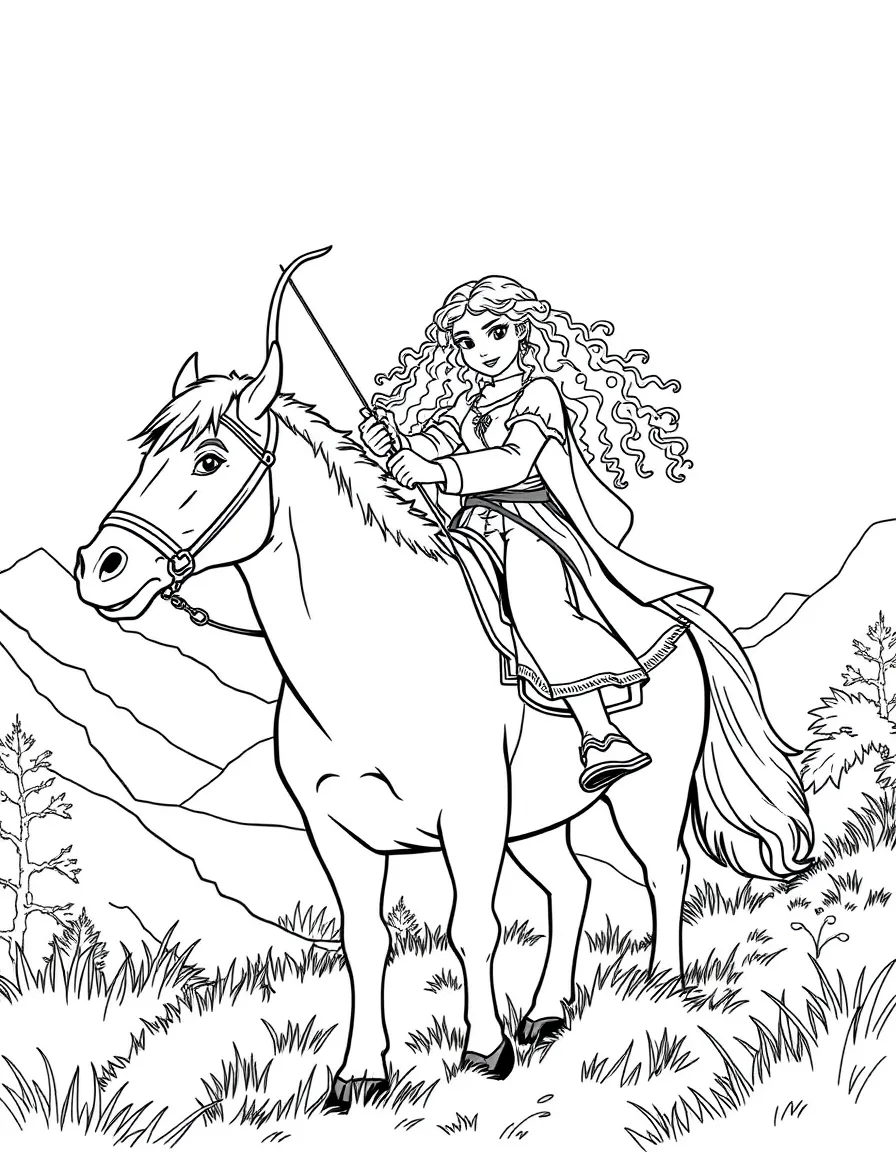 Merida riding Angus through the misty hills, with her bow ready.