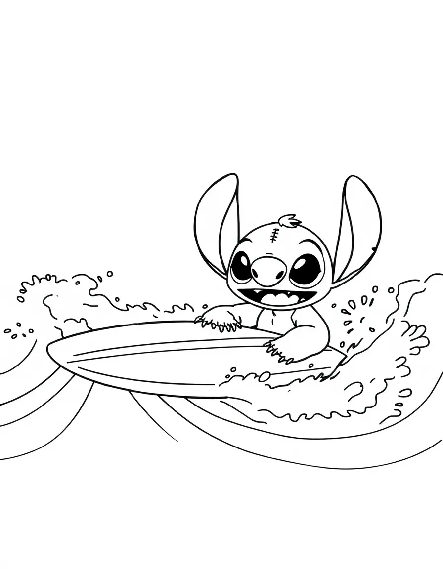 Lilo and Stitch playing in the waves, with a surfboard.