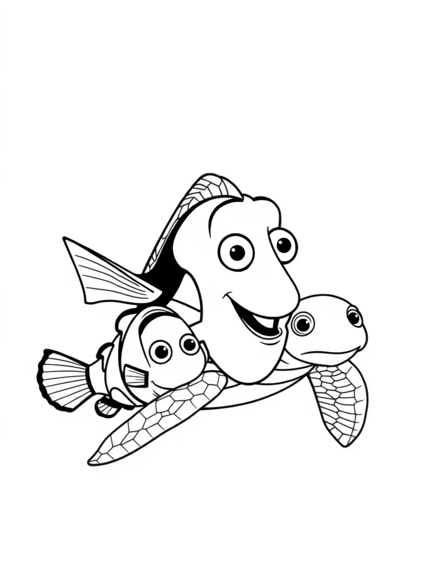 Nemo and Dory swimming with a friendly sea turtle.