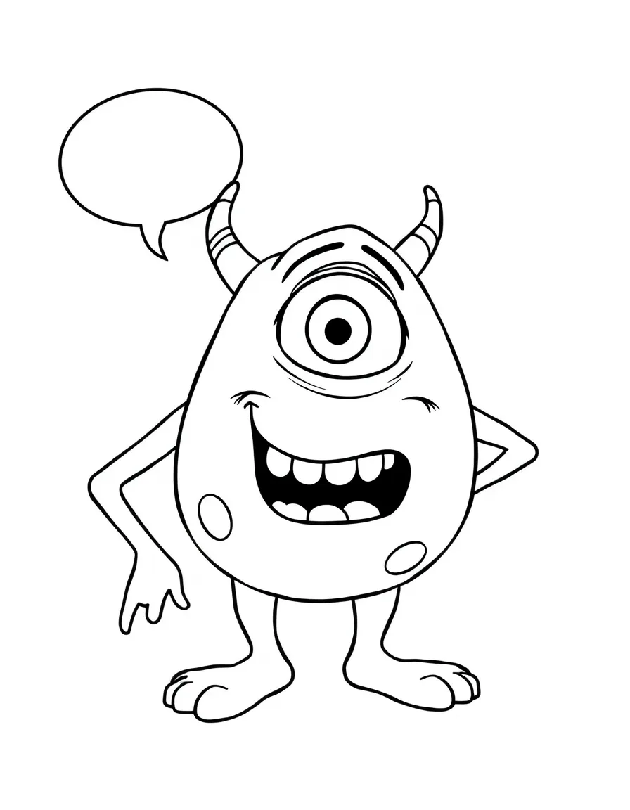 Mike Wazowski telling a funny joke, with his one eye wide open.