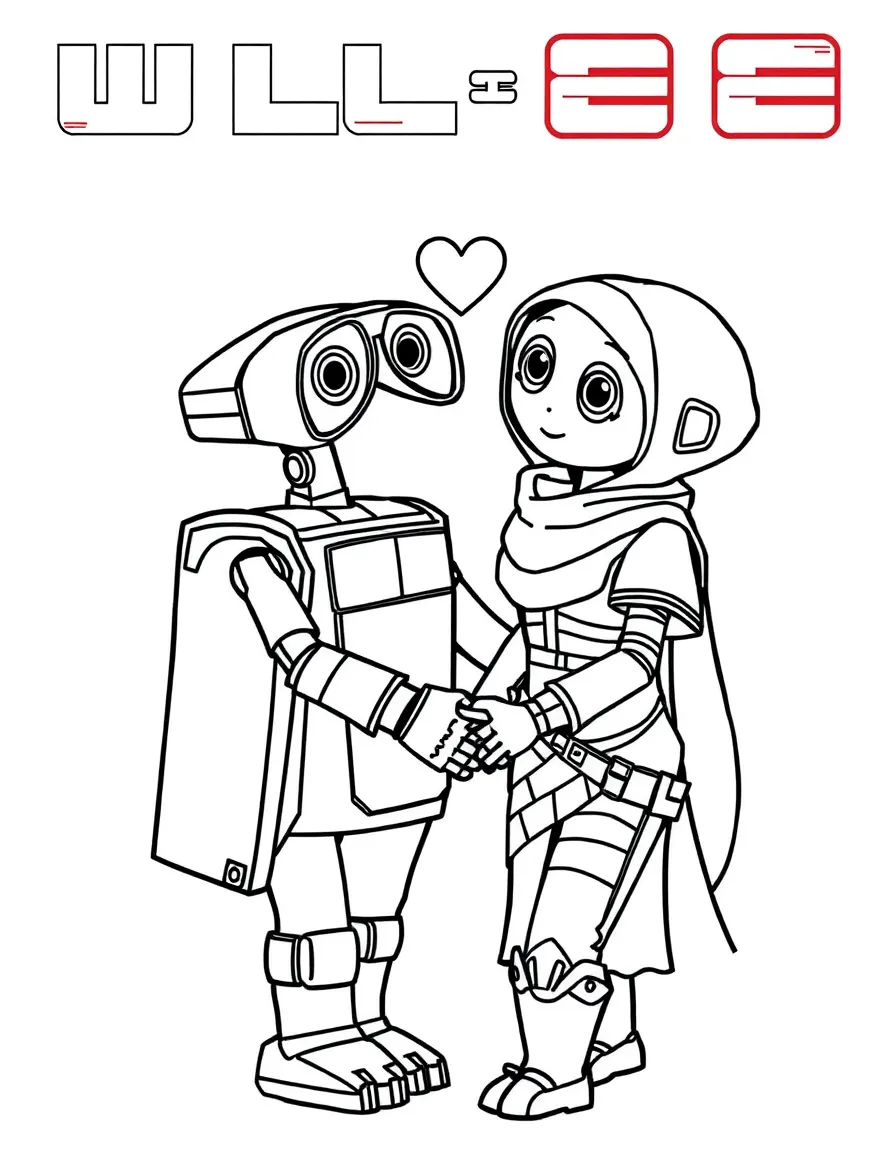 WALL-E and EVE holding hands, with a heart shape.