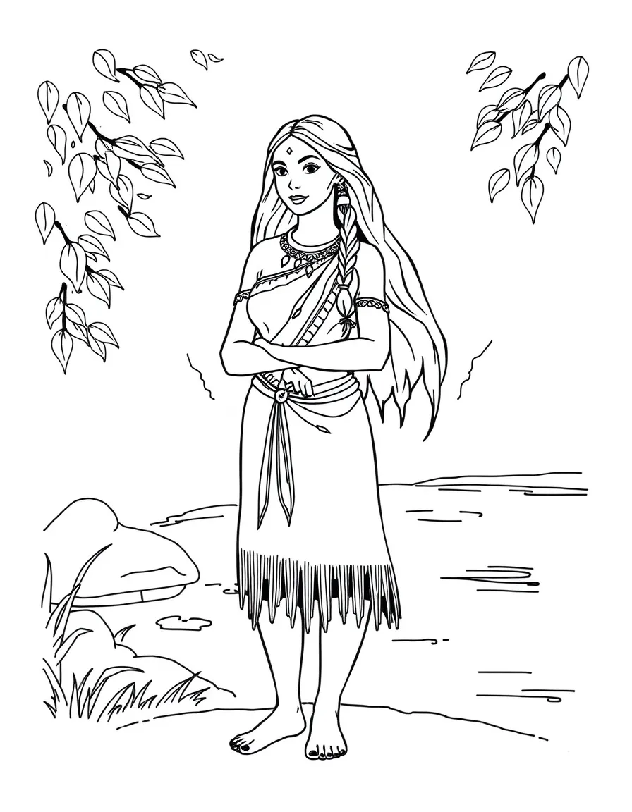 Pocahontas standing by a river, with the leaves blowing.