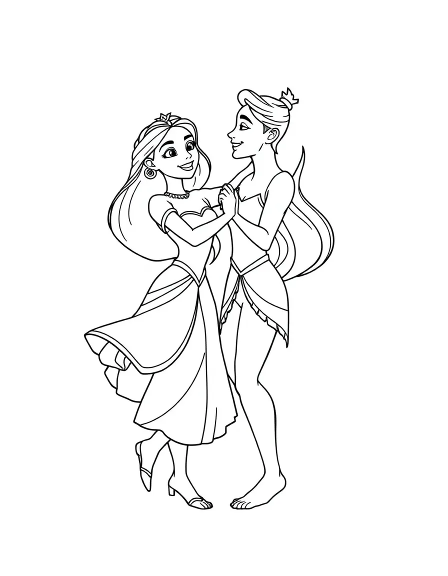 Tiana and Naveen dancing as humans, with joyful expressions.