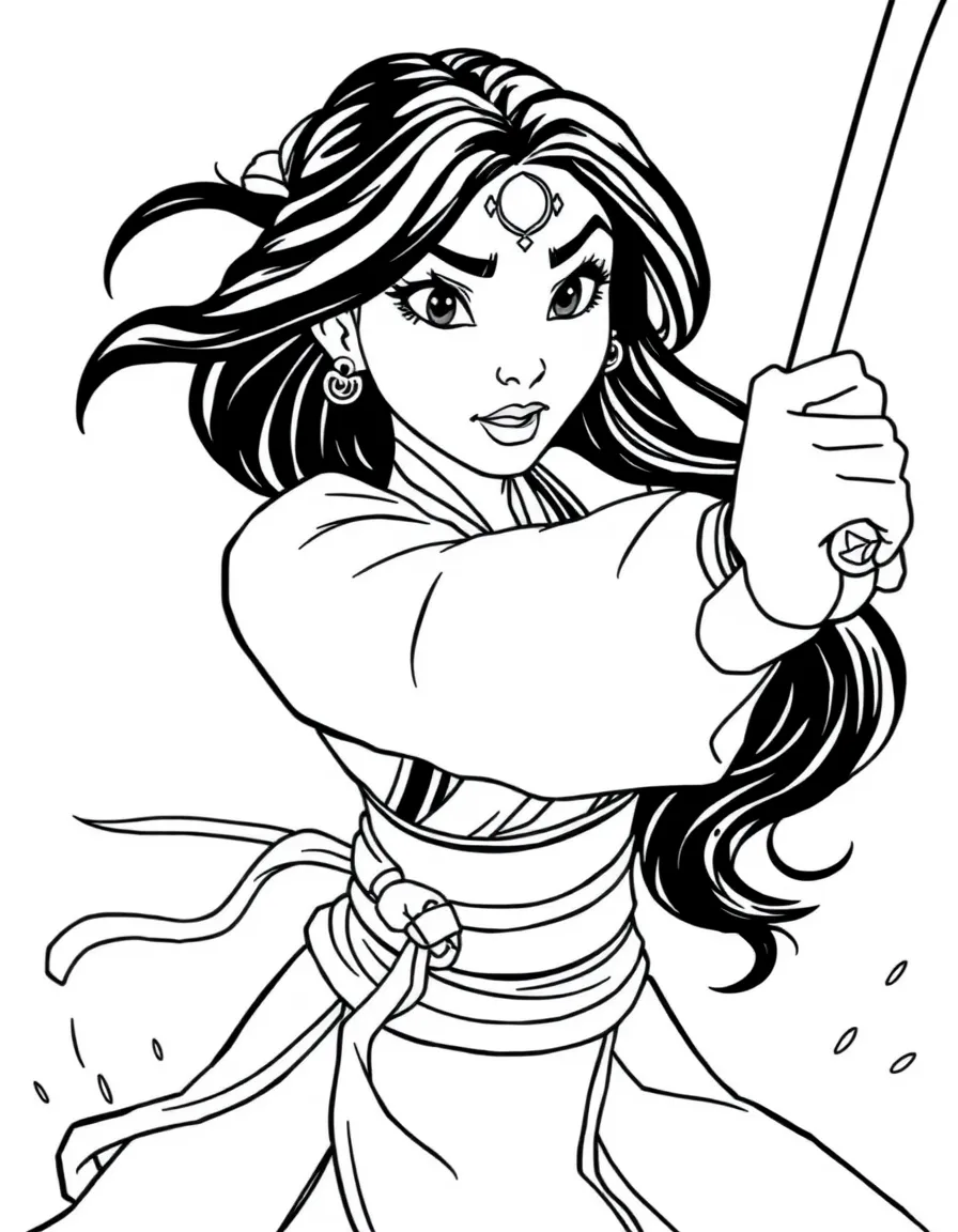 Mulan fighting bravely, with a determined look.