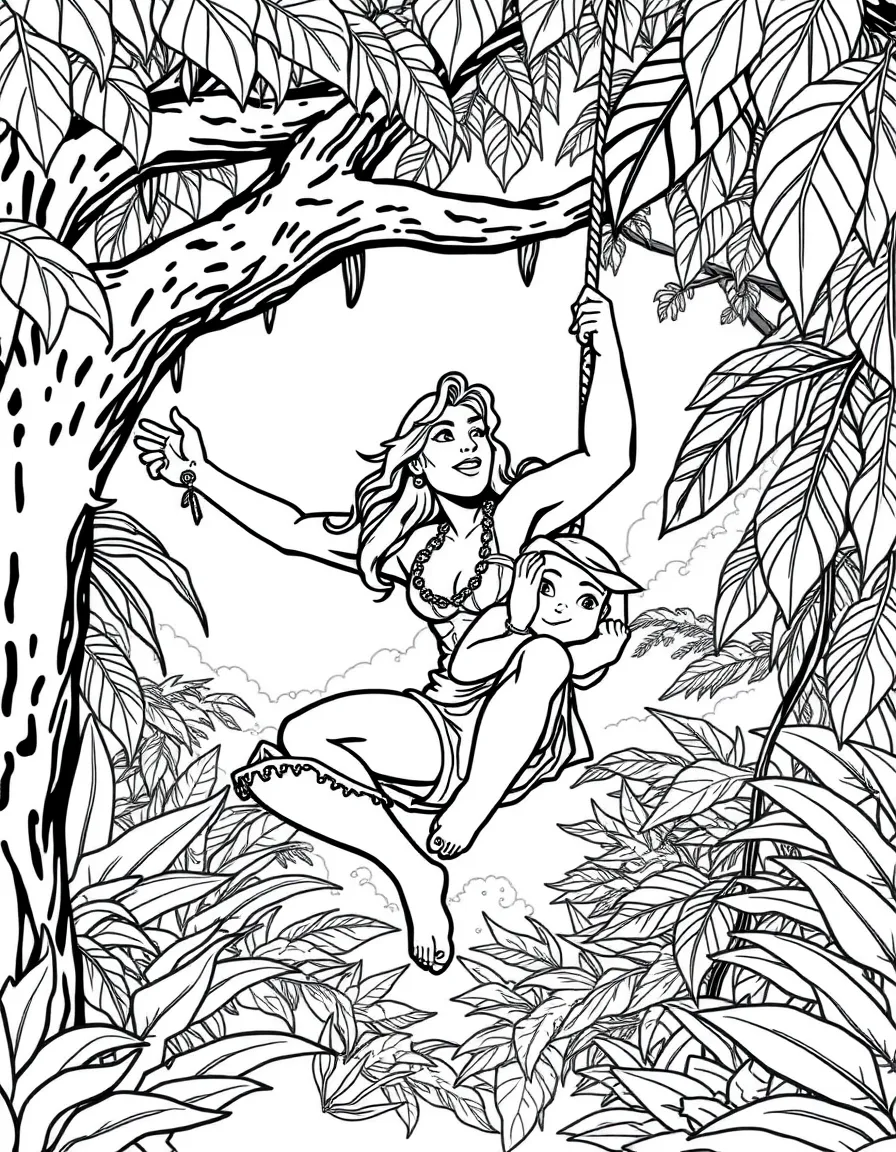 Tarzan swinging with Jane, with a beautiful jungle background.