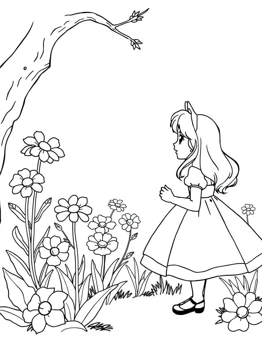 Alice talking to the talking flowers, looking surprised.