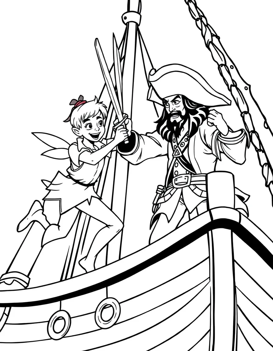 Peter Pan and Captain Hook sword fighting on the Jolly Roger.