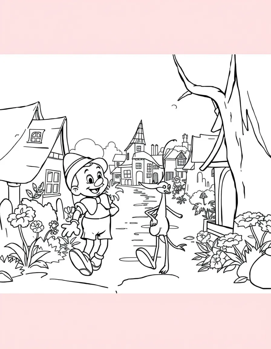 Pinocchio and Jiminy Cricket walking through a happy village.