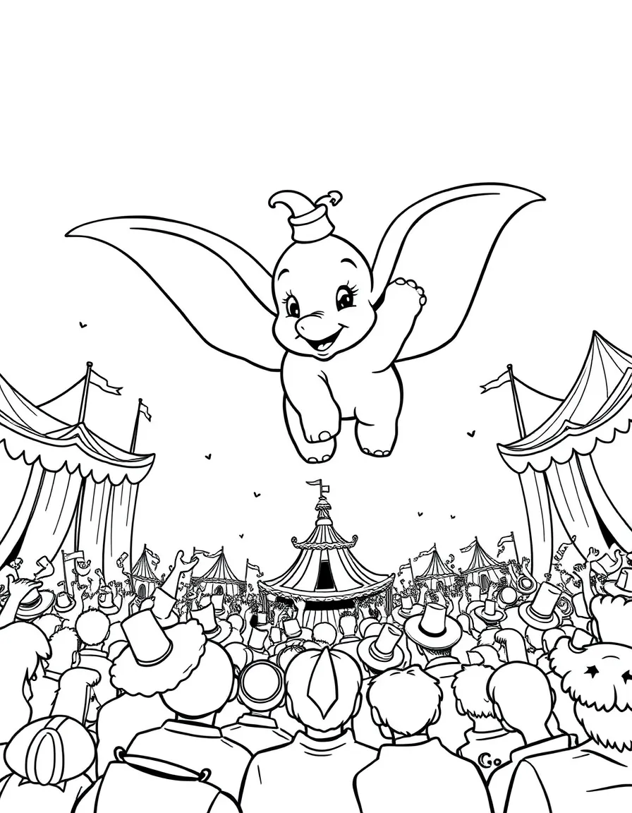 Dumbo flying above the circus crowd, looking triumphant.