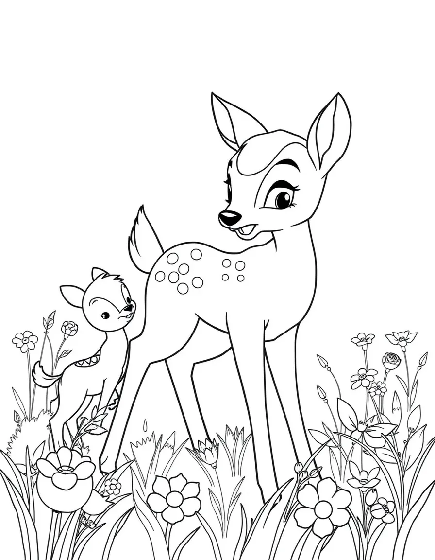 Bambi and his friends playing in a field of flowers.