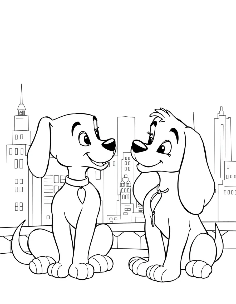Lady and Tramp looking at each other lovingly, with the cityscape.