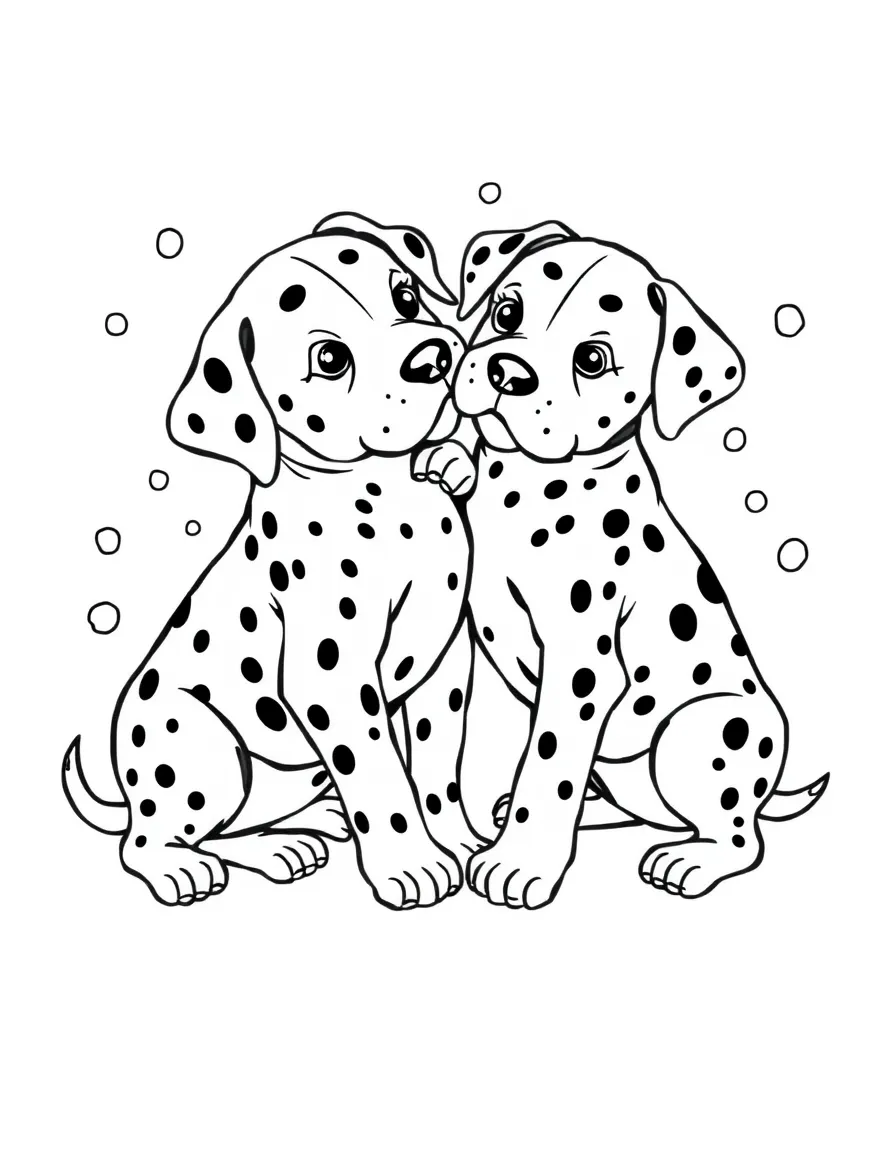 The Dalmatian puppies playing with each other, with spots everywhere.