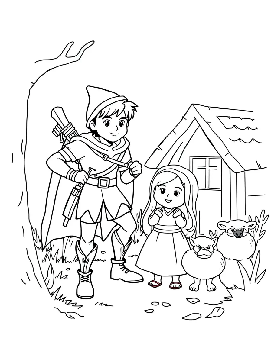 Robin Hood and Little John helping a poor family.