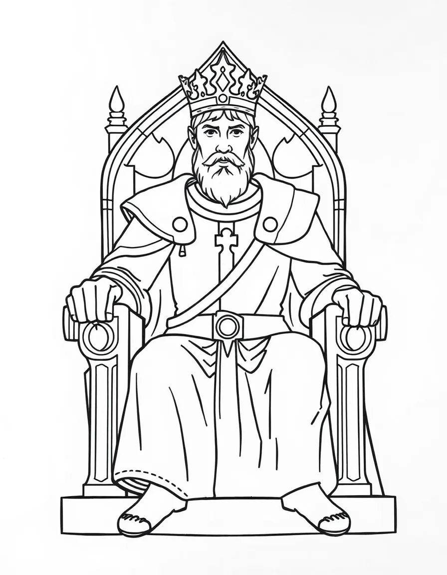 Arthur sitting on the throne, with a crown on his head.