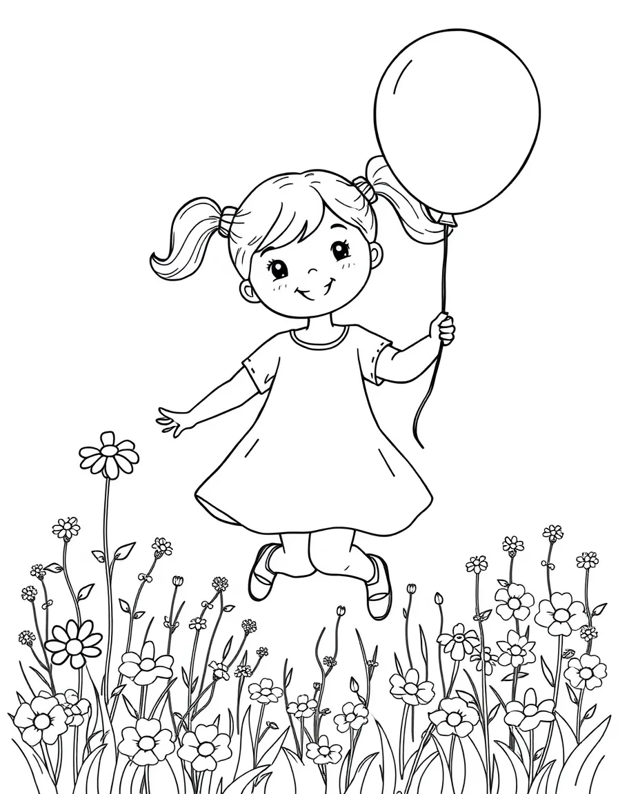 A happy little girl with pigtails, holding a balloon and skipping through a field of wildflowers.