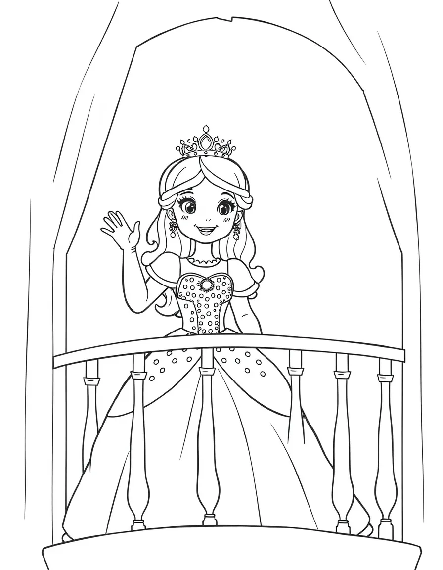 A girl dressed as a princess, wearing a sparkly gown and a tiara, waving from a balcony.