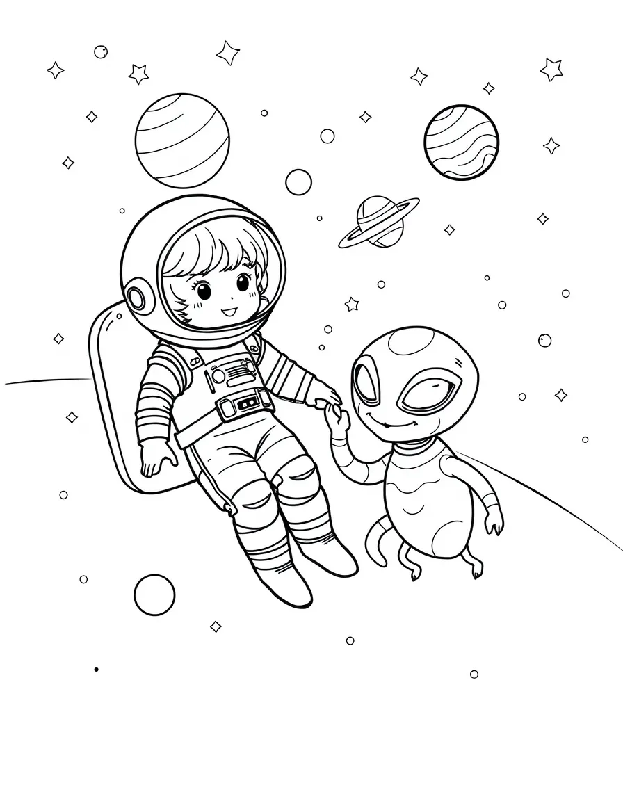 A girl astronaut floating in space next to a friendly alien, surrounded by stars and planets.