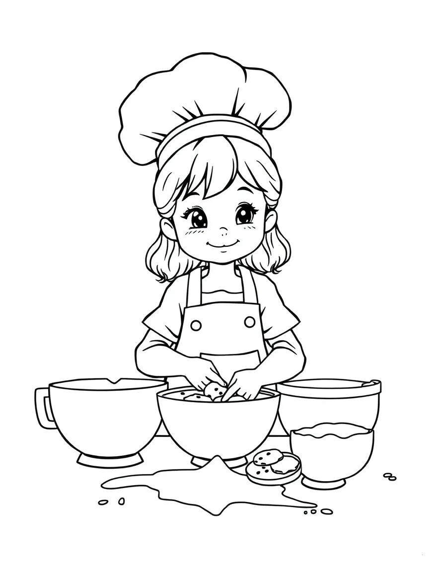 A girl baking cookies with a chef's hat, surrounded by mixing bowls and spilled flour.