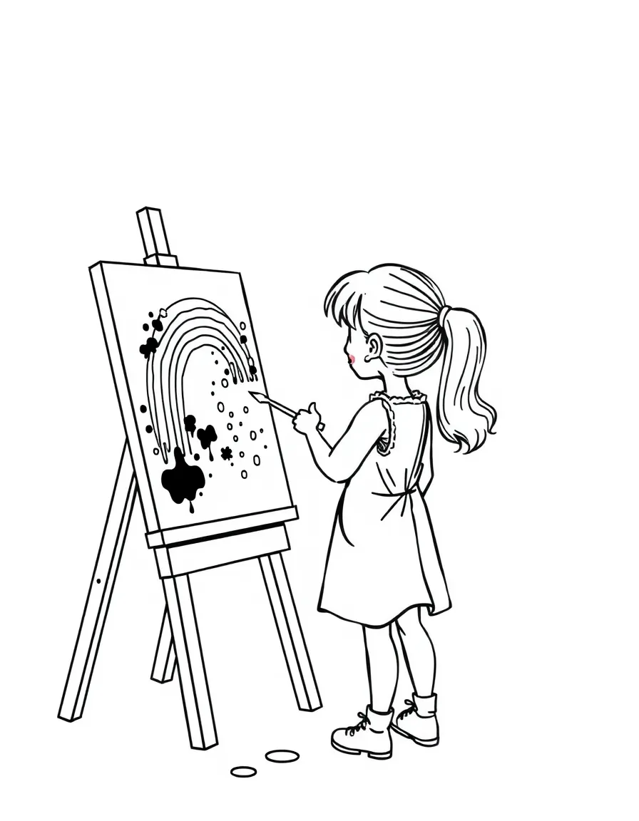 A girl artist painting a rainbow on an easel, with paint splatters on her smock.