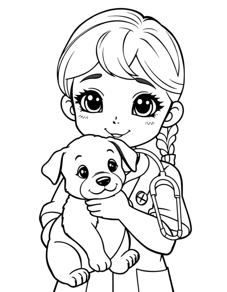 A girl veterinarian gently holding a puppy, with a stethoscope around her neck.