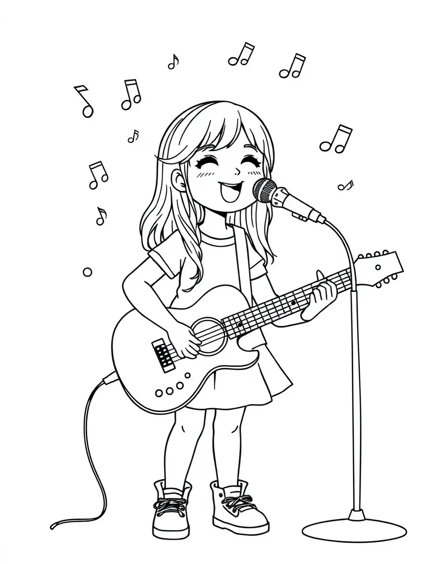 A girl playing a guitar and singing into a microphone, with musical notes floating around her.