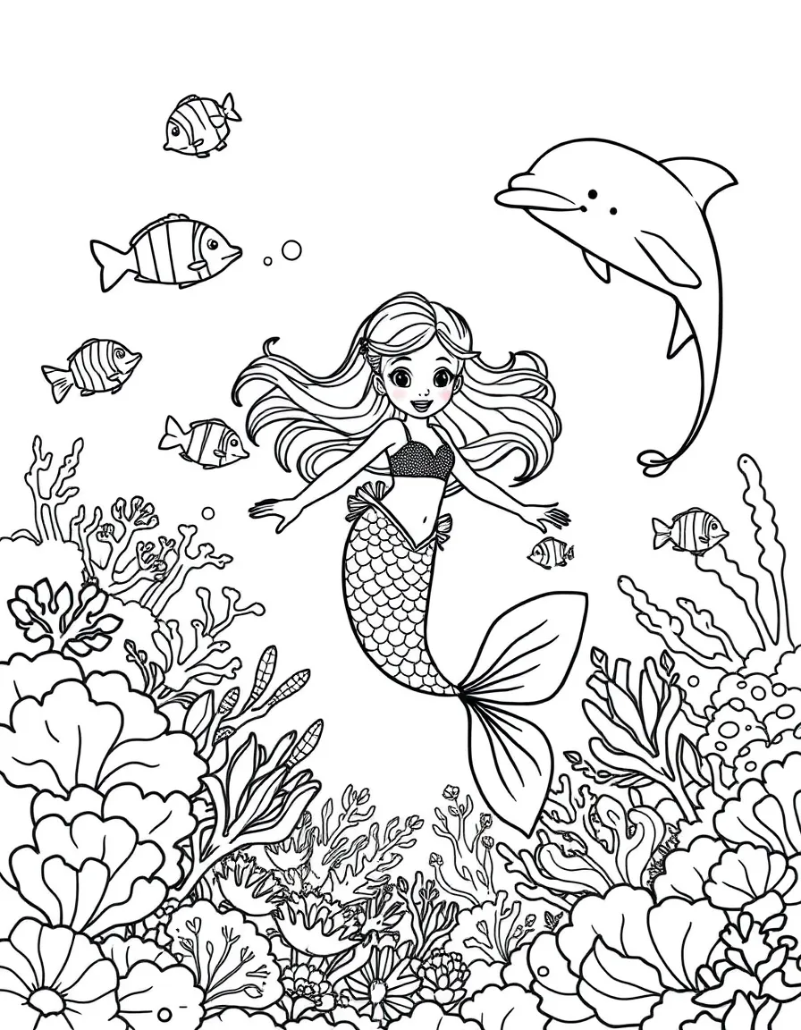 A girl mermaid swimming with colorful fish and a friendly dolphin in an underwater coral reef.