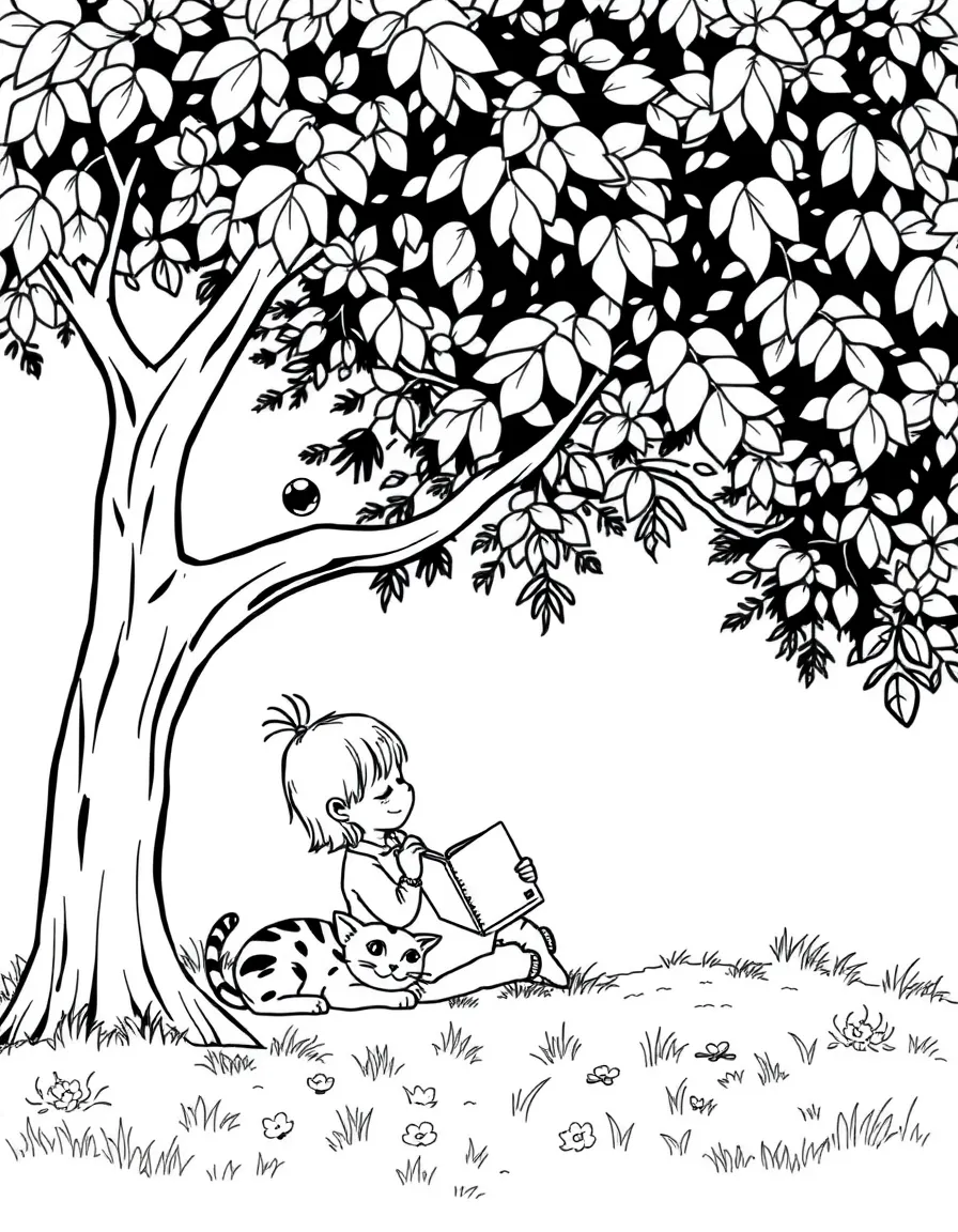 A girl reading a book under a big, shady tree, with a kitten napping beside her.