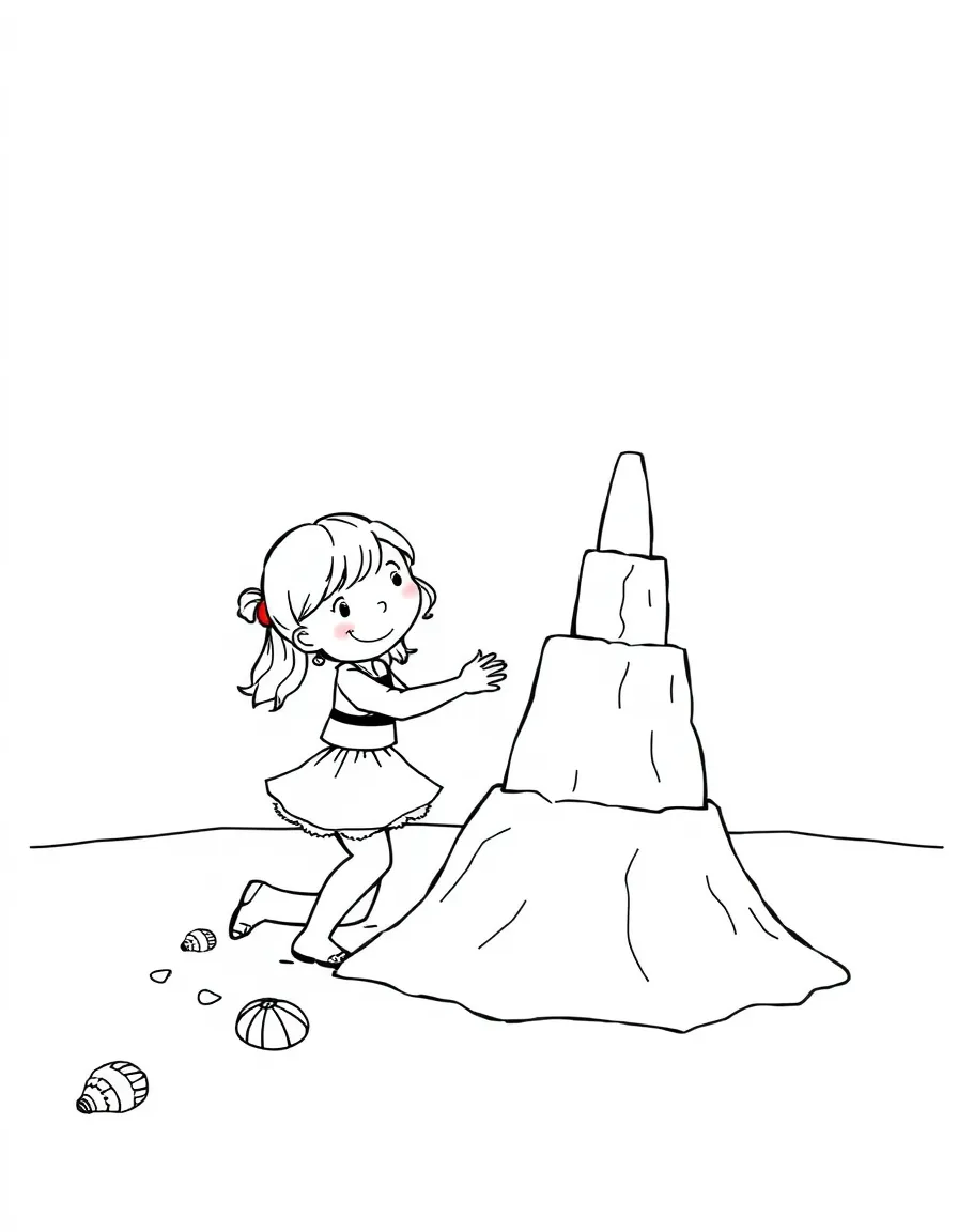 A girl building a towering sandcastle on the beach, with seashells scattered around.